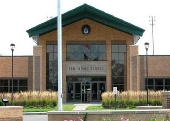 Entrance of a school in the New Miami school district in Hamilton, Ohio